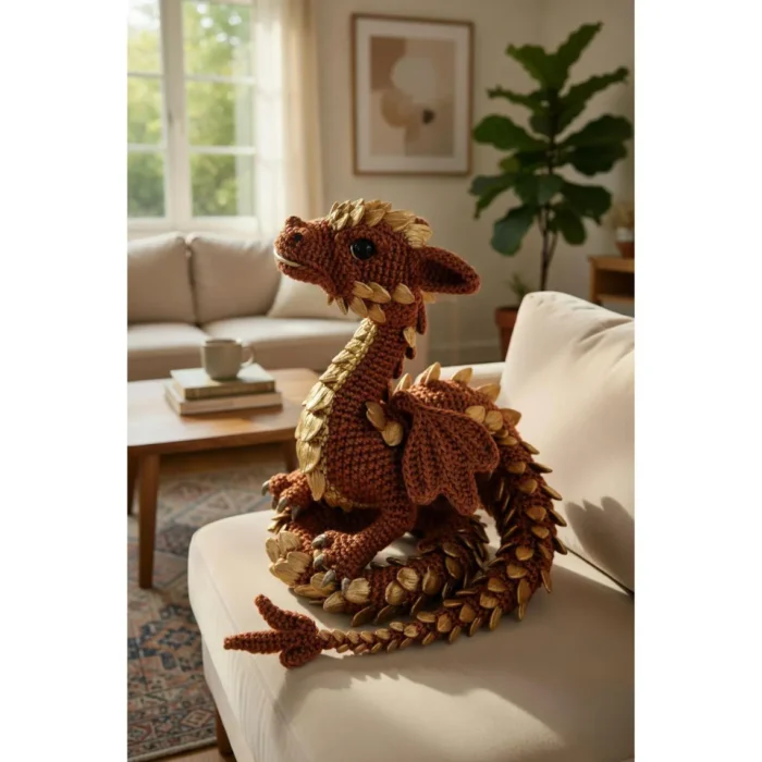 Crochet Dragon Pattern PDF Amigurumi | Brown Fantasy Dragon with Gold Leaf Scales | Instant Download – Bild 6