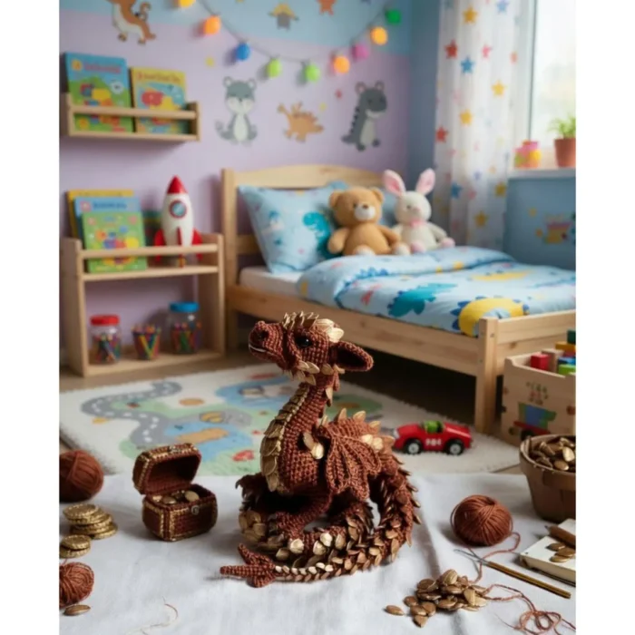 Crochet Dragon Pattern PDF Amigurumi | Brown Fantasy Dragon with Gold Leaf Scales | Instant Download – Bild 2