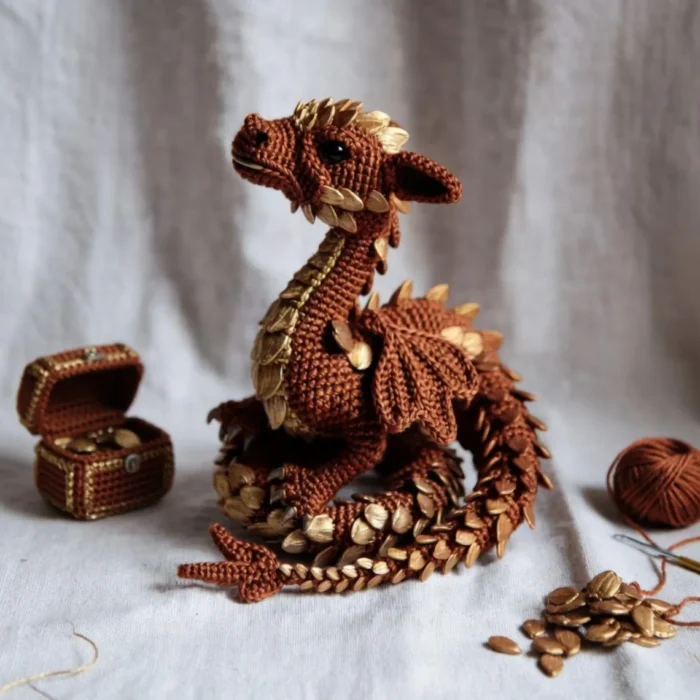Crochet Dragon Pattern PDF Amigurumi | Brown Fantasy Dragon with Gold Leaf Scales | Instant Download – Bild 3